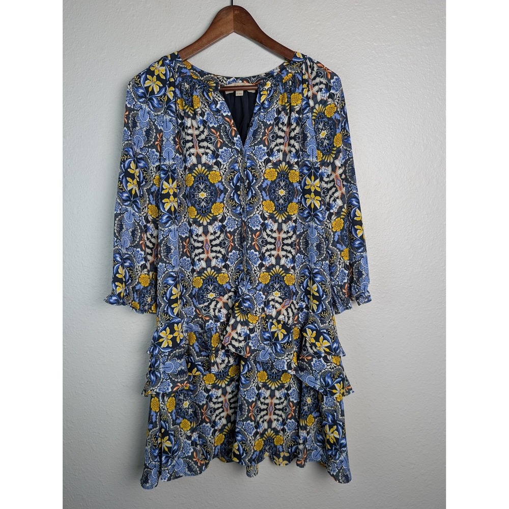 LOFT Dress Womens PM Blue Floral‎ Trapeze & Swing Short 3/4 Sleeve V-Neck